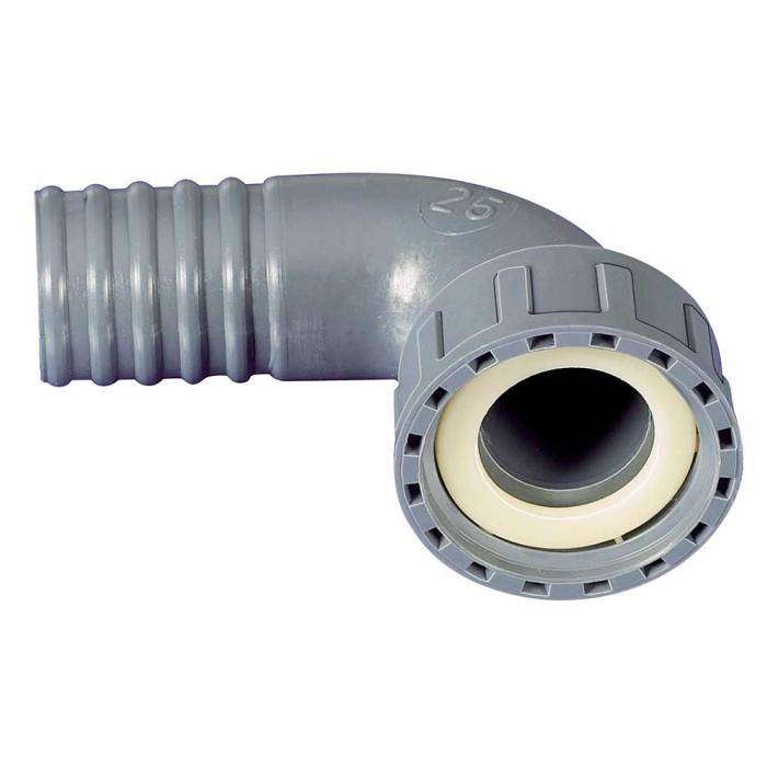 Schlauch-Winkel - 90° - mit Überwurfmutter - mit Innengewinde und Reduziertülle - PP - Gewinde 1/2 " - Tüllen-Ø 12 mm - NW 7,5 mm
