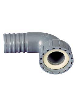 Schlauch-Winkel - 90° - mit Überwurfmutter - mit Innengewinde und Reduziertülle - PP - Gewinde 1/2 " - Tüllen-Ø 12 mm - NW 7,5 mm