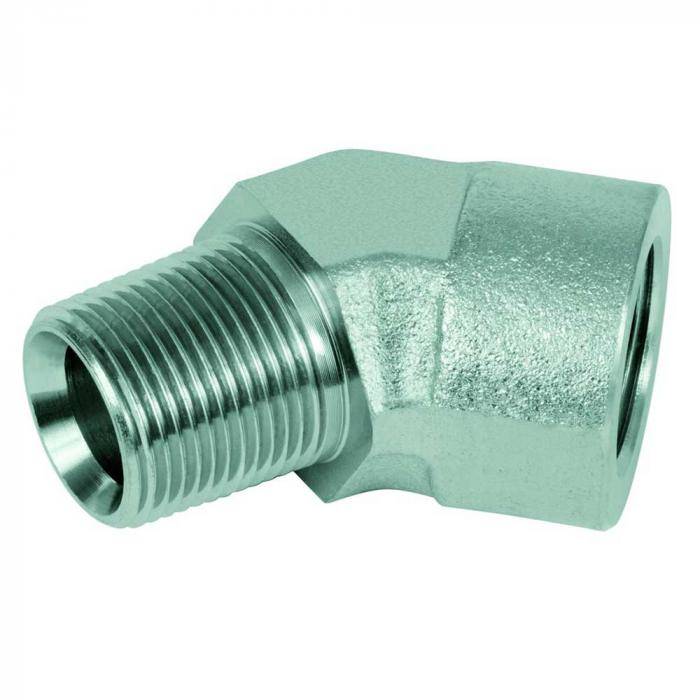 Metallrohr-Fitting-Adapter mit männlichem Gewinde und abgewinkeltem Sechskantgehäuse, dargestellt auf weißem Hintergrund.