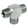 Ein T-förmiges Metallrohrfitting mit drei männlichen Gewindeländern, das zum Verbinden von Rohren in einem Sanitärsystem verwendet wird.