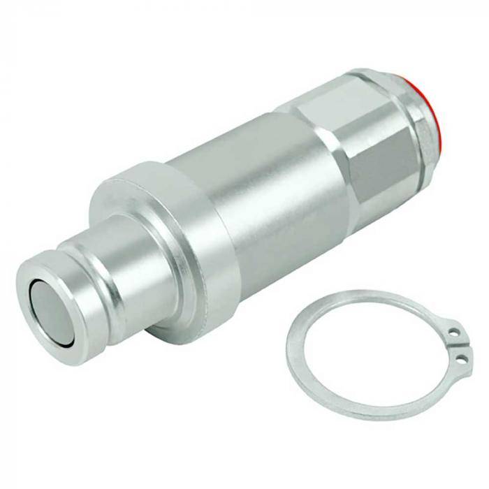 Metallisches pneumatisches Schnellverbindungsstück mit Sicherungsring auf weißem Hintergrund.