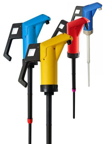 Handpumpe JP-04 - blau/weiß - für Fluorpolymer für dünnflüssige Lebensmittel - ca. 0,3 l/Hub - Tauchrohrlänge 500 bis 900 mm