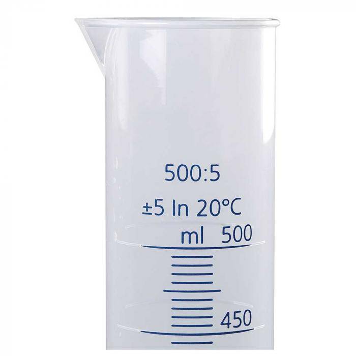 500 ml Kunststoff-Messbecherglas mit Ausguss und blauen Skalierungsmarkierungen, gekennzeichnet mit „500:5