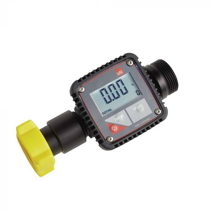 Digitales Wassermessgerät mit LCD-Anzeige 0,00, schwarzes Gehäuse und gelbe Kappe, auf weißem Hintergrund dargestellt.