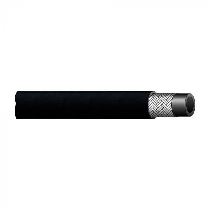 Schwarzes isoliertes Kabel mit freiliegender geflochtener Metallabschirmung und einem sichtbaren inneren Leiter am rechten Ende.