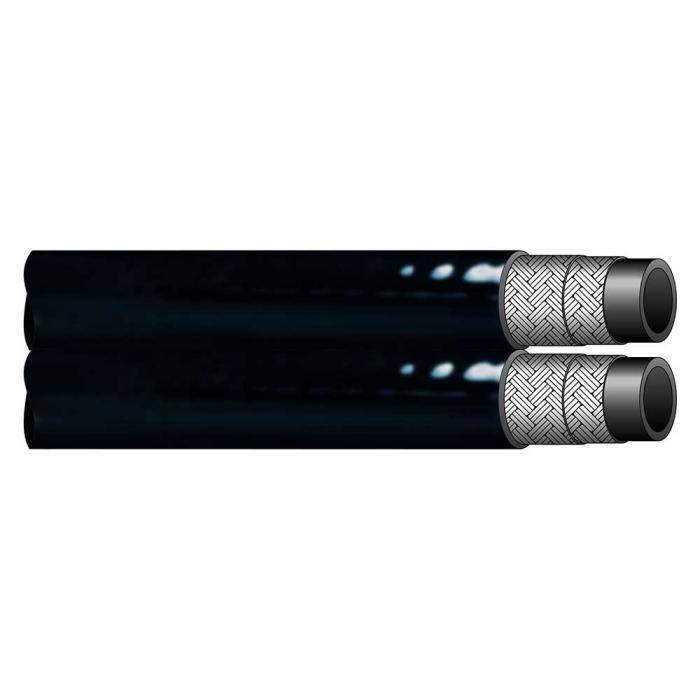 Zwei schwarze isolierte Kabel mit silbernen geflochtenen Enden, nebeneinander auf weißem Hintergrund gezeigt.