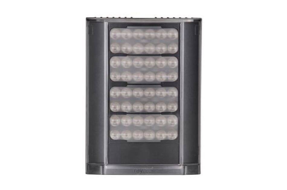 Schwarzes rechteckiges LED-Lichtpanel mit vier horizontalen Reihen von kreisförmigen LEDs in einem dunklen Gehäuse auf weißem Hintergrund.