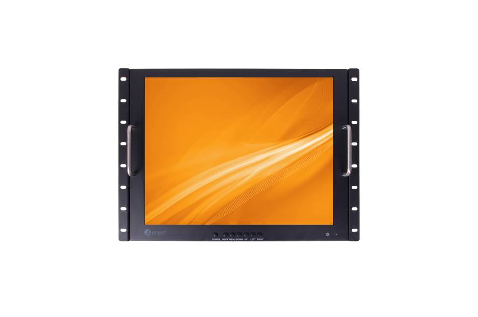 Schwarzer Rack-Mount-Monitor mit orangefarbenem Display, zentriert auf weißem Hintergrund.