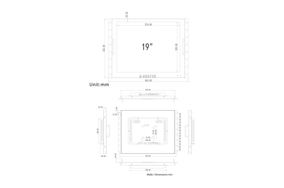 Eine technische Zeichnung eines 19-Zoll-Rechteck-Monitors mit Maßangaben in Millimetern, dargestellt in Vorder-, Seiten- und Draufsicht.