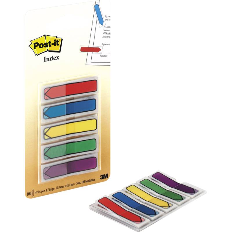 Verpackung von 'Post-it Index' mit bunten Haftstreifen in Rot, Blau, Gelb, Grün und Lila zum Markieren von Seiten oder zur Organisation.