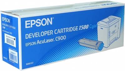 Epson Entwicklerpatrone 1500 Cyan für Epson AcuLaser C900, gezeigt auf der Produktverpackung mit Abbildungen von Patrone und Drucker.