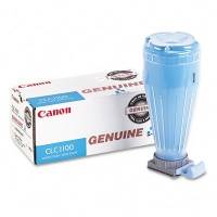 Canon Original Tonerkartusche neben einer blauen Druckertonerflasche auf weißem Hintergrund.