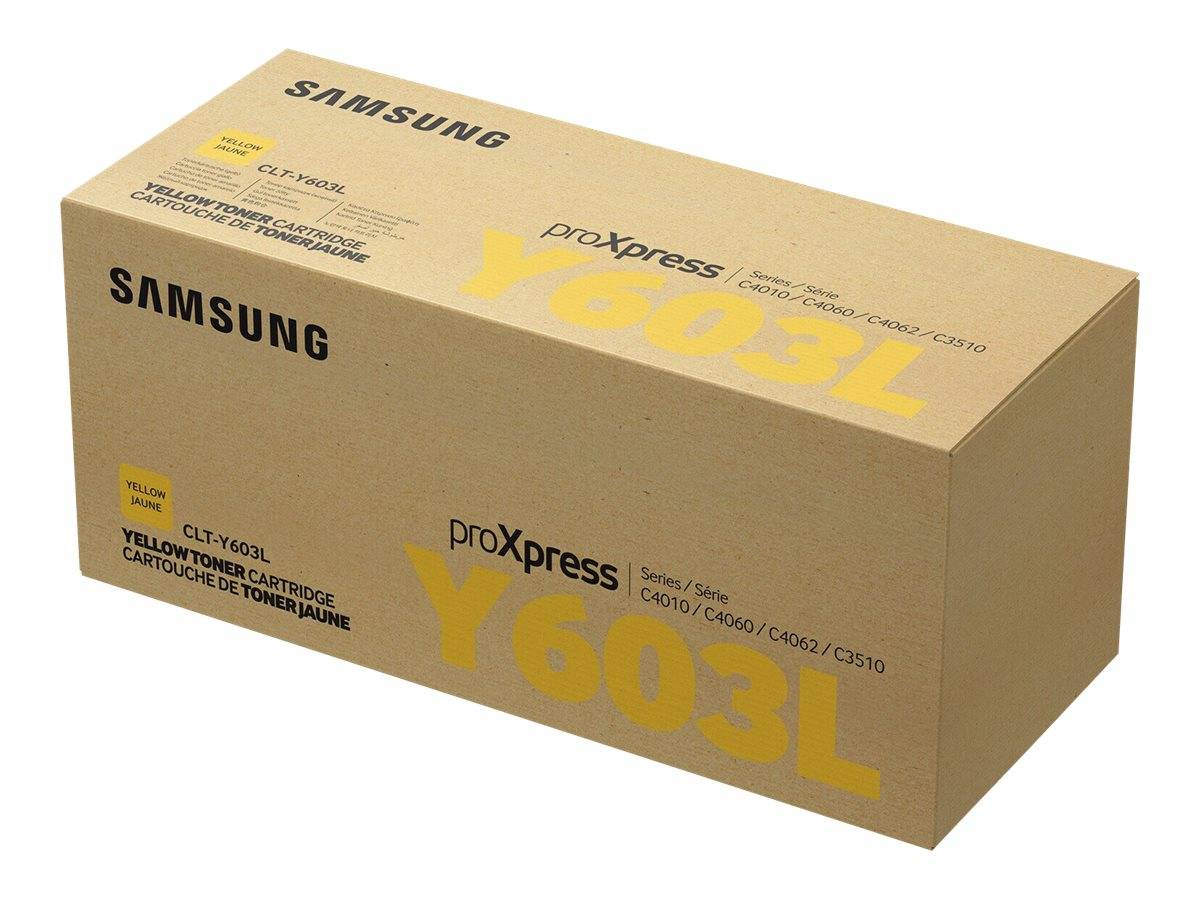 Samsung ProXpress gelbe Tonerpatrone, Modell Y603L, vor einem einfachen weißen Hintergrund gezeigt.