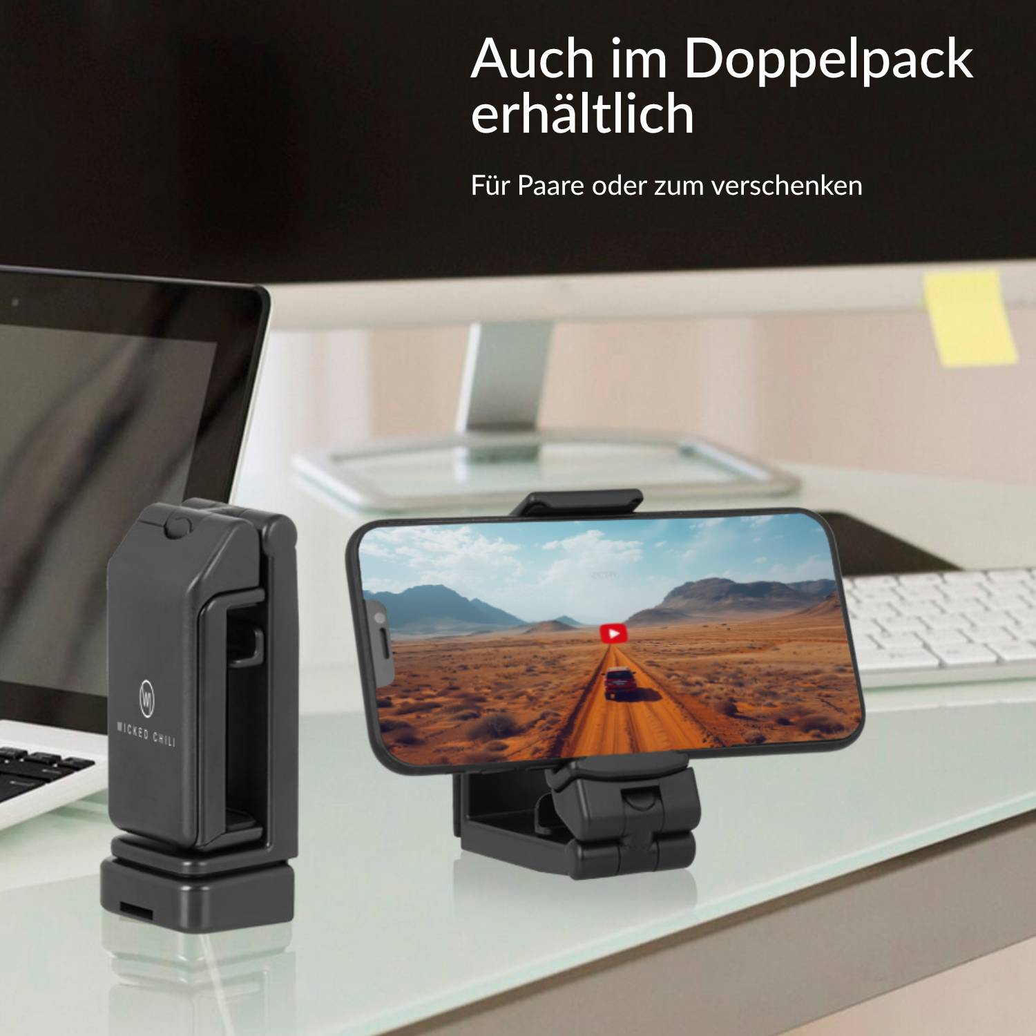 Wicked Chili 1x faltbare Handyhalterung für iPhone & Samsung Klemme - Universal für Reise, Arbeit, Schreibtisch & Küche