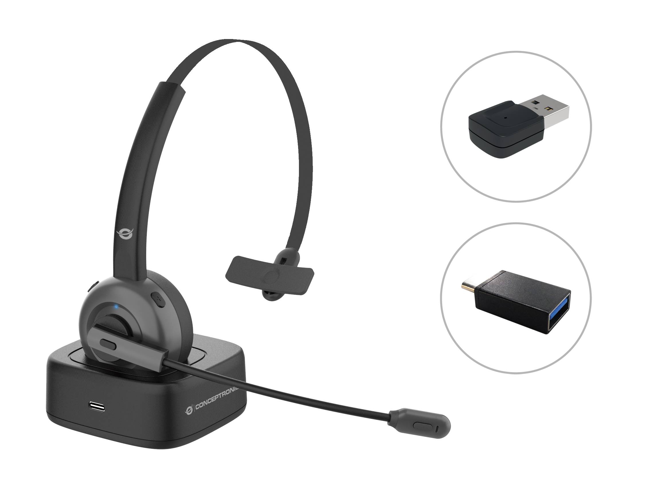 Kabelloses Headset auf Ladebasis mit USB-Adapter und Dongle, gezeigt in Kreisinsets.
