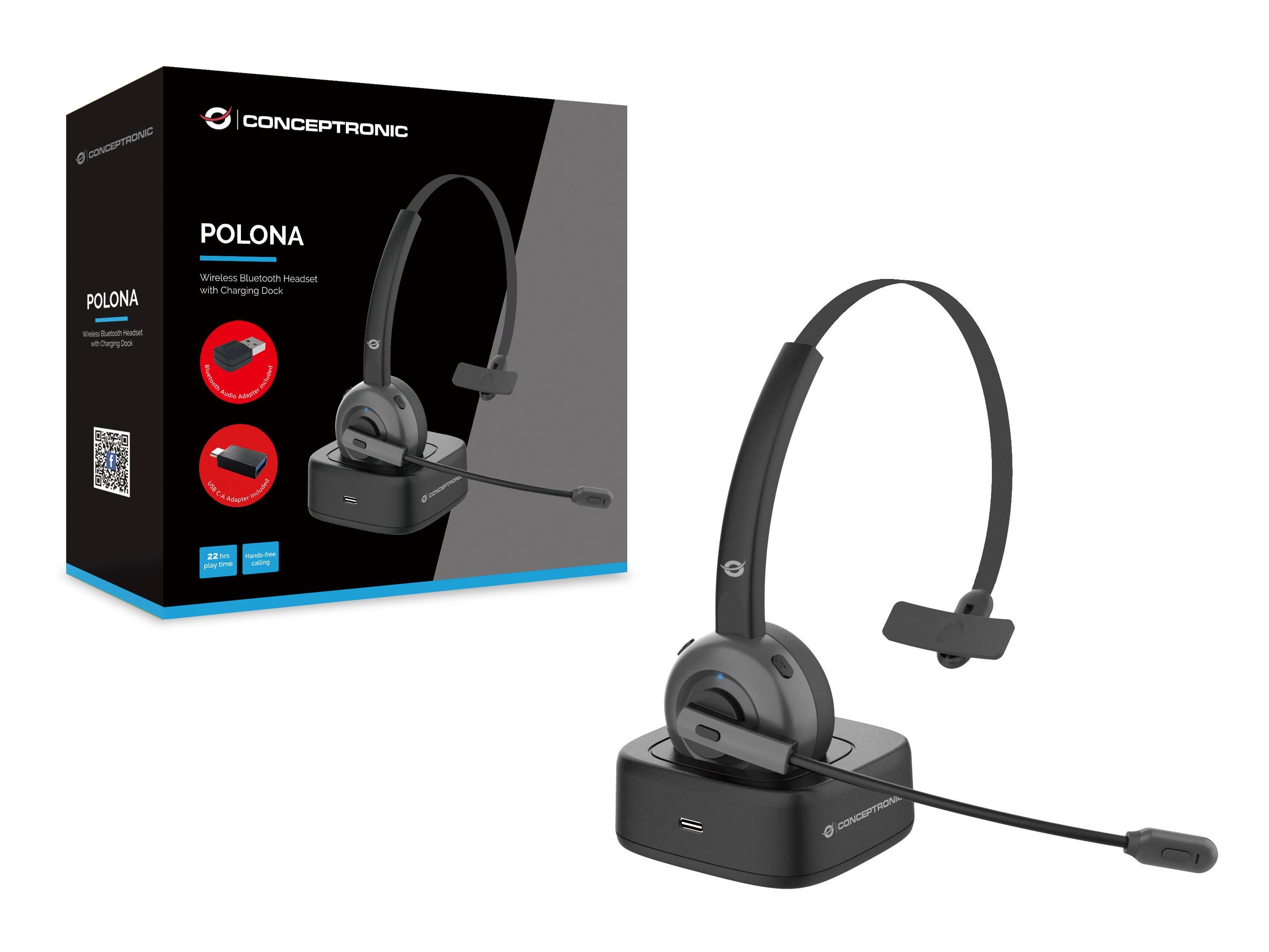 Concepttronix Polona kabelloses Mono-Headset mit Ladestation und Boom-Mikrofon, dargestellt neben seiner Einzelhandelverpackung.