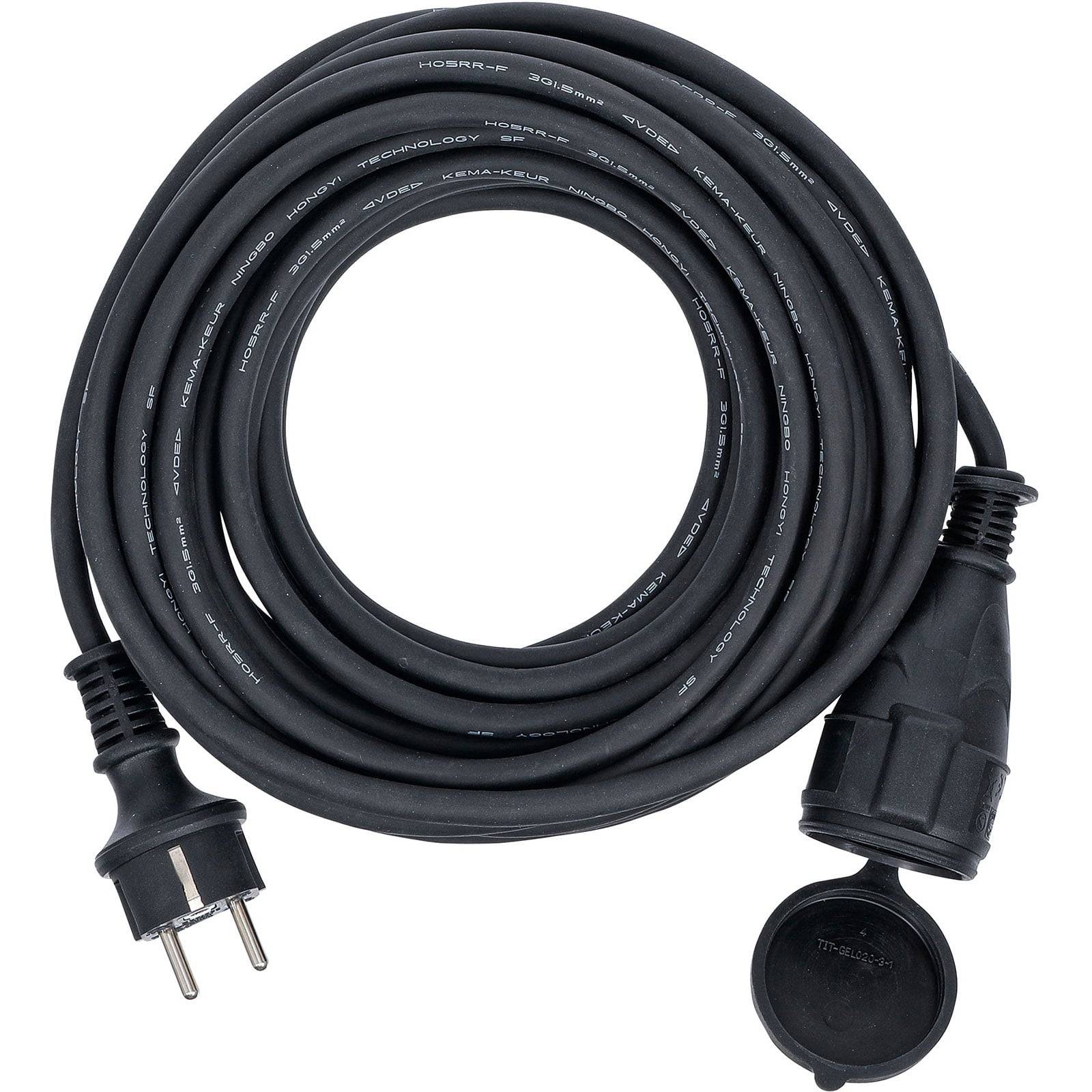 Ein gewickelter schwarzer Verlängerungsstecker mit einem zweipckigen Stecker und einer geschützten Steckdose.