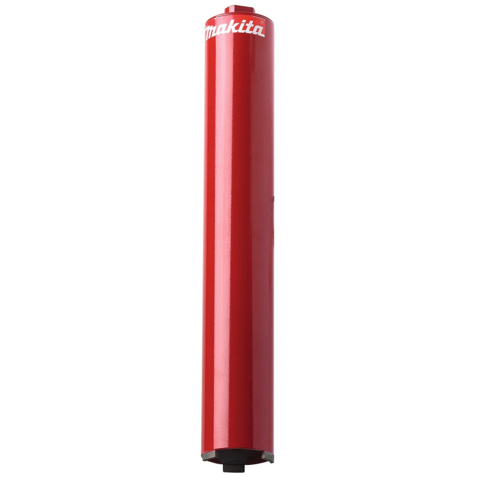 Ein roter zylindrischer Makita-Werkzeuganbau, wahrscheinlich ein Bohrer oder eine Kernbohrung, verwendet zum Bohren großer Löcher in Materialien.