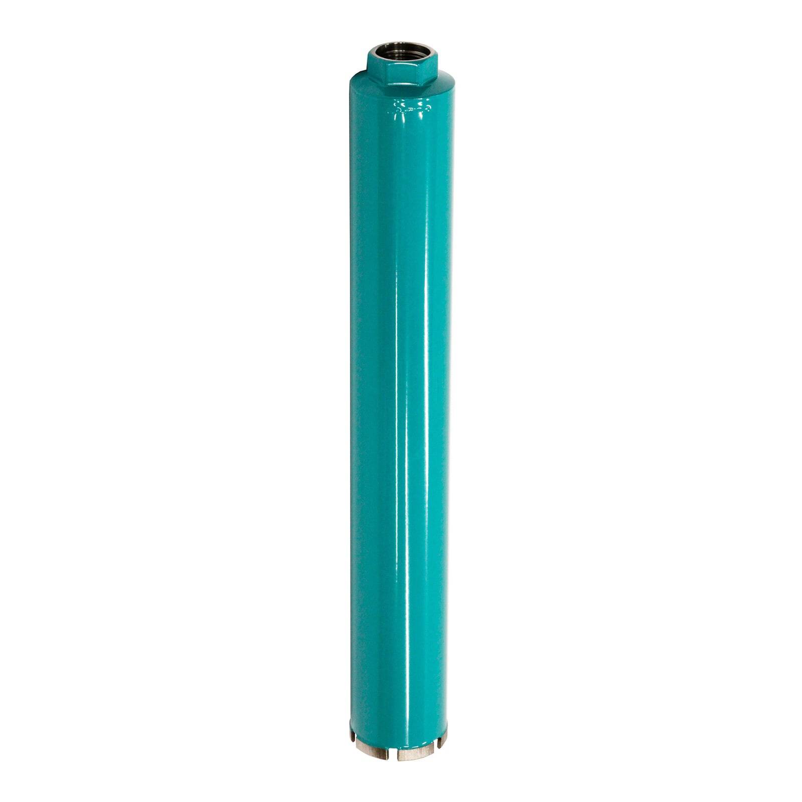 Eine zylindrische blaue Akkueinheit für Elektrowerkzeuge, aufrecht stehend, von der Seite betrachtet.
