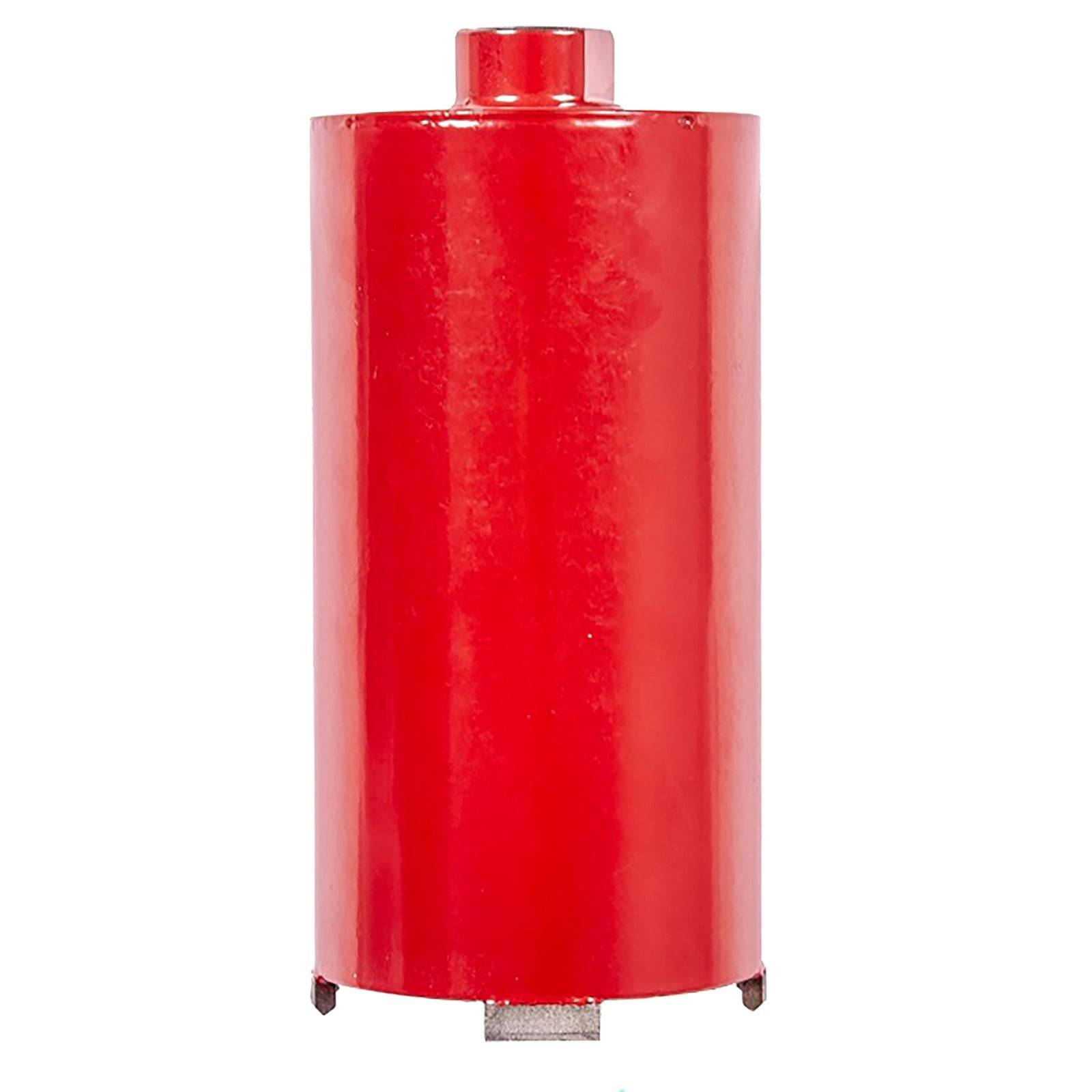 Ein roter zylindrischer Metalllagerungstank steht aufrecht und zeigt eine glänzende Oberfläche.