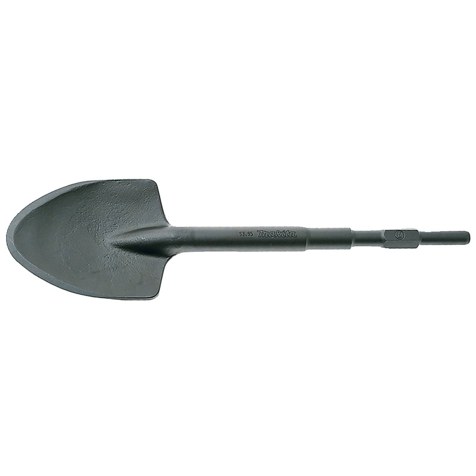 Eine schwarze Schaufel mit einer spitzen Klinge, die zum Graben konzipiert ist. Der Griff ist gerade und aus Metall gefertigt, und endet in einem sechseckigen Halteteil zur Befestigung.