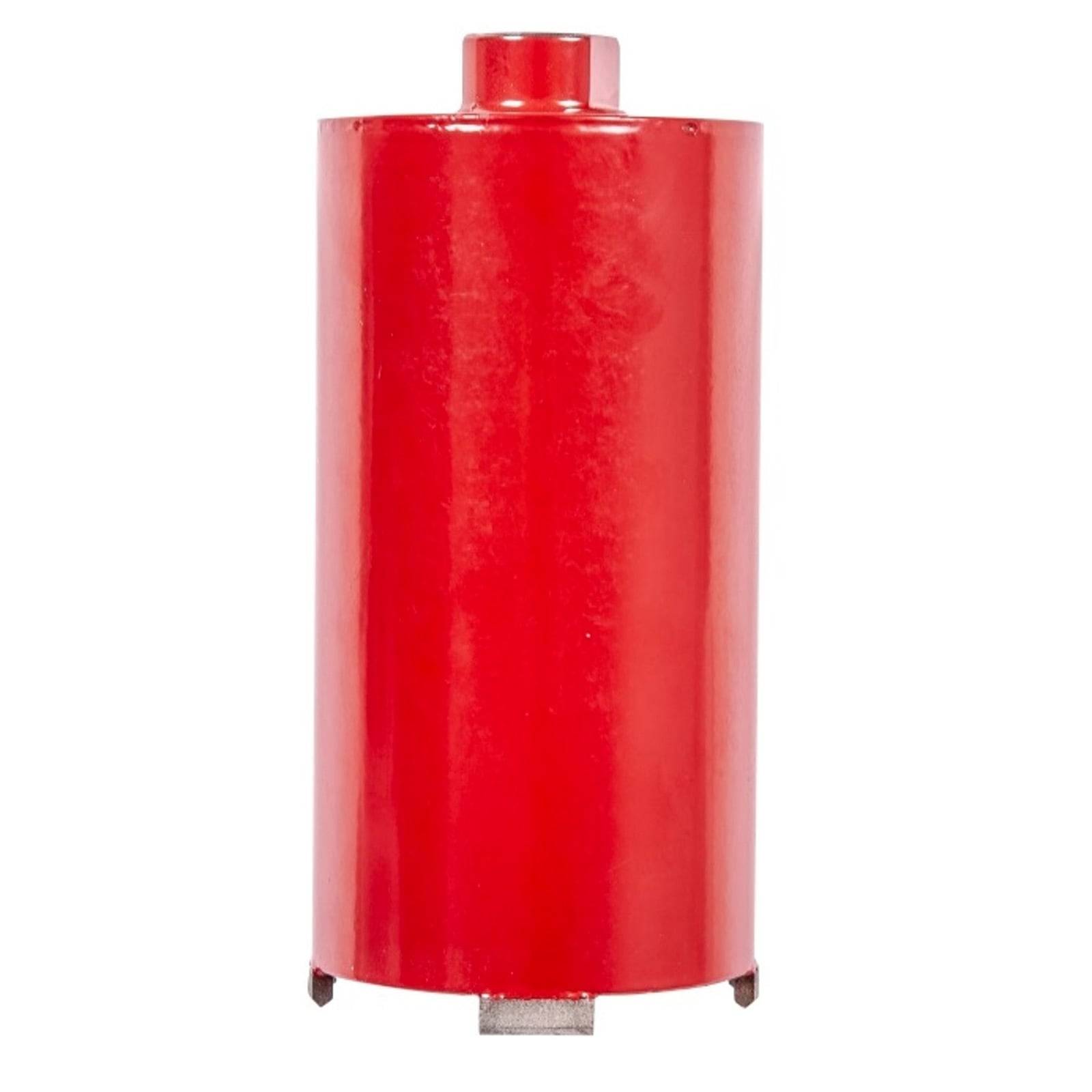 Ein hoher roter zylindrischer Behälter mit einer kleinen Öffnung oben und einer Metallbasis, höchstwahrscheinlich ein Lagertank oder Fass.