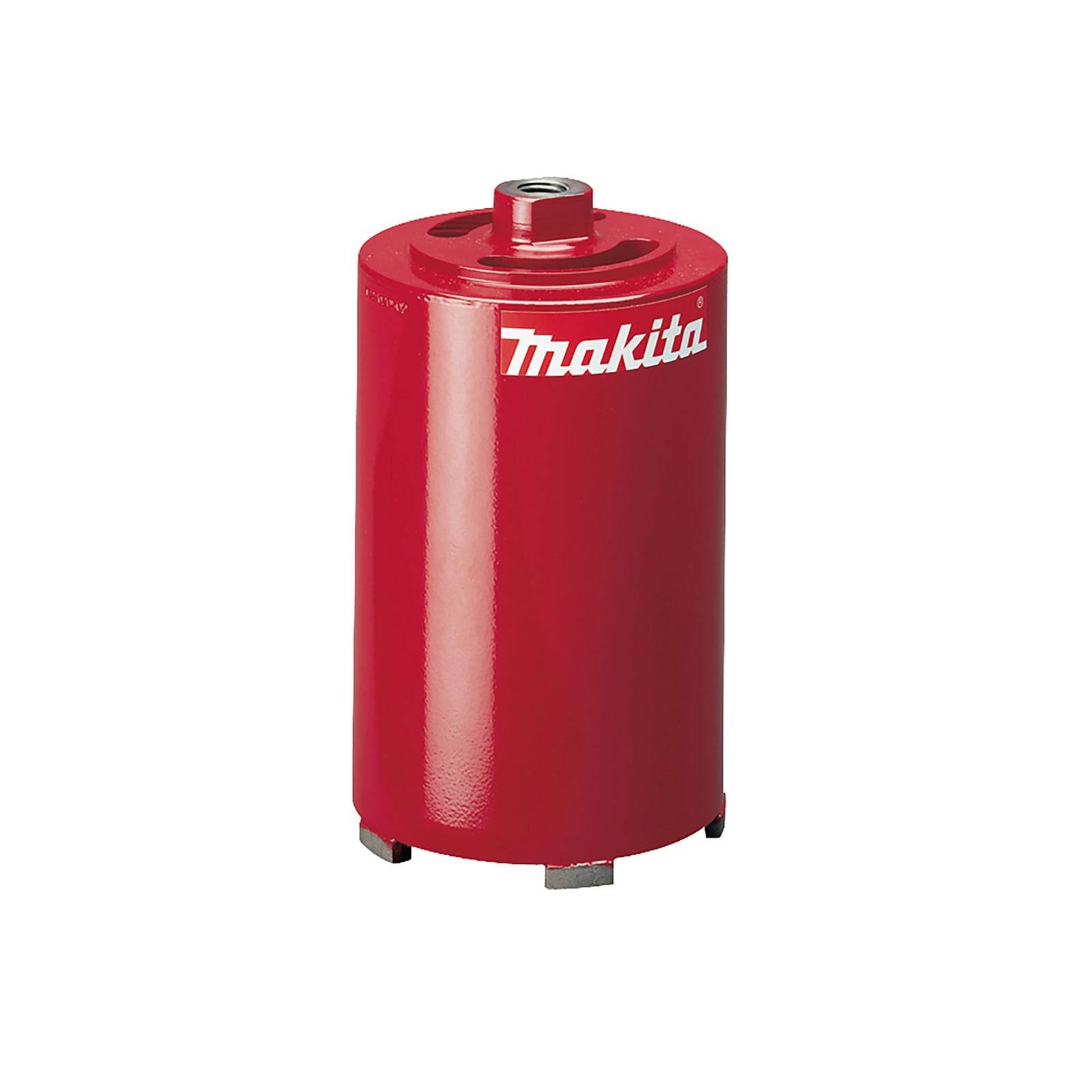 Ein roter Makita-Bohrmeißel für Kernbohrungen, mit einer zylindrischen Form und einem standardmäßigen Anschlusspunkt oben.