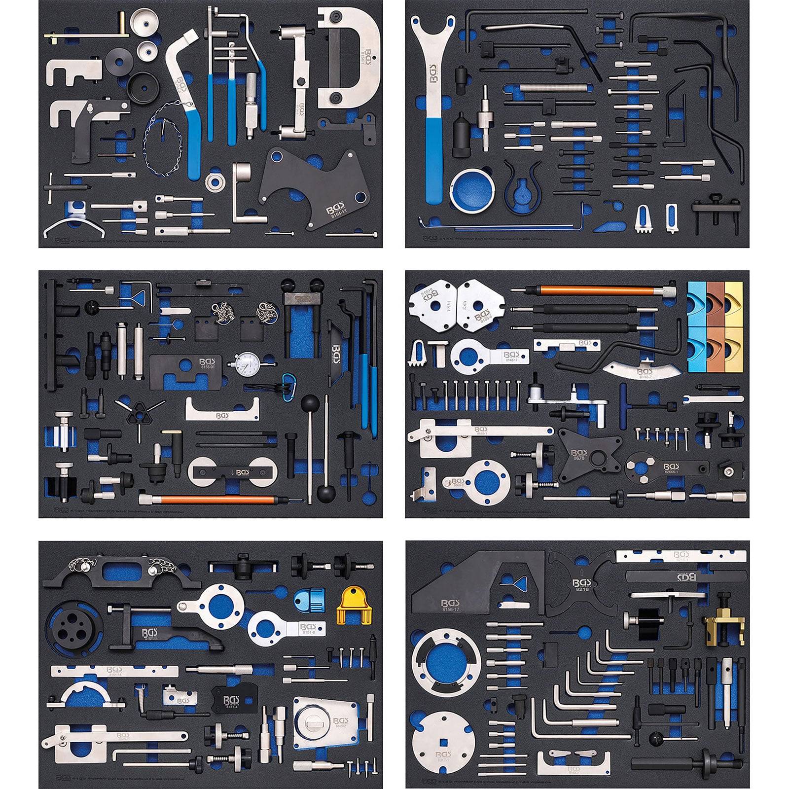 Ein ordentlich organisierter Satz verschiedener mechanischer Werkzeuge und Instrumente, einschließlich Schraubschlüssel, Schraubendreher und Messgeräte, in Schaumstoff angeordnet.