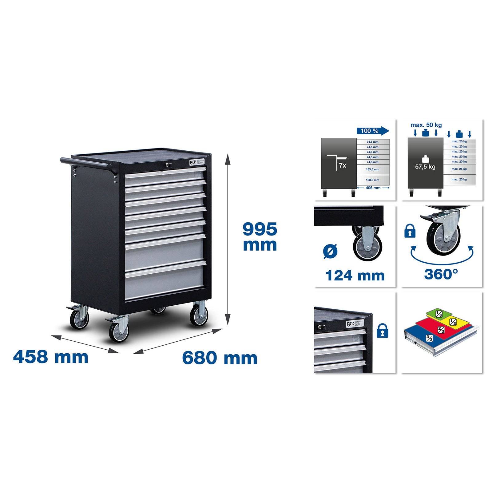 Ein schwarzer und grauer Werkzeugwagen auf Rollen mit sechs Schubladen, Abmessungen beschriftet: 995 mm Höhe, 680 mm Breite, 458 mm Tiefe. Symbole für Verschließsystem dargestellt.