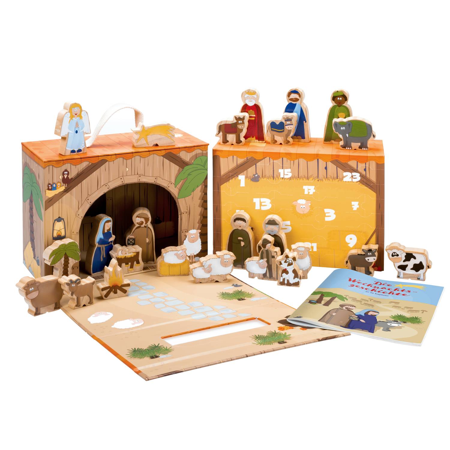yoamo Spielkrippe Adventskalender für Kinder mit 24 Holzfiguren, hochwertigem Spielkoffer und Weihnachts-Geschichte, 27-teilig (1 Set)