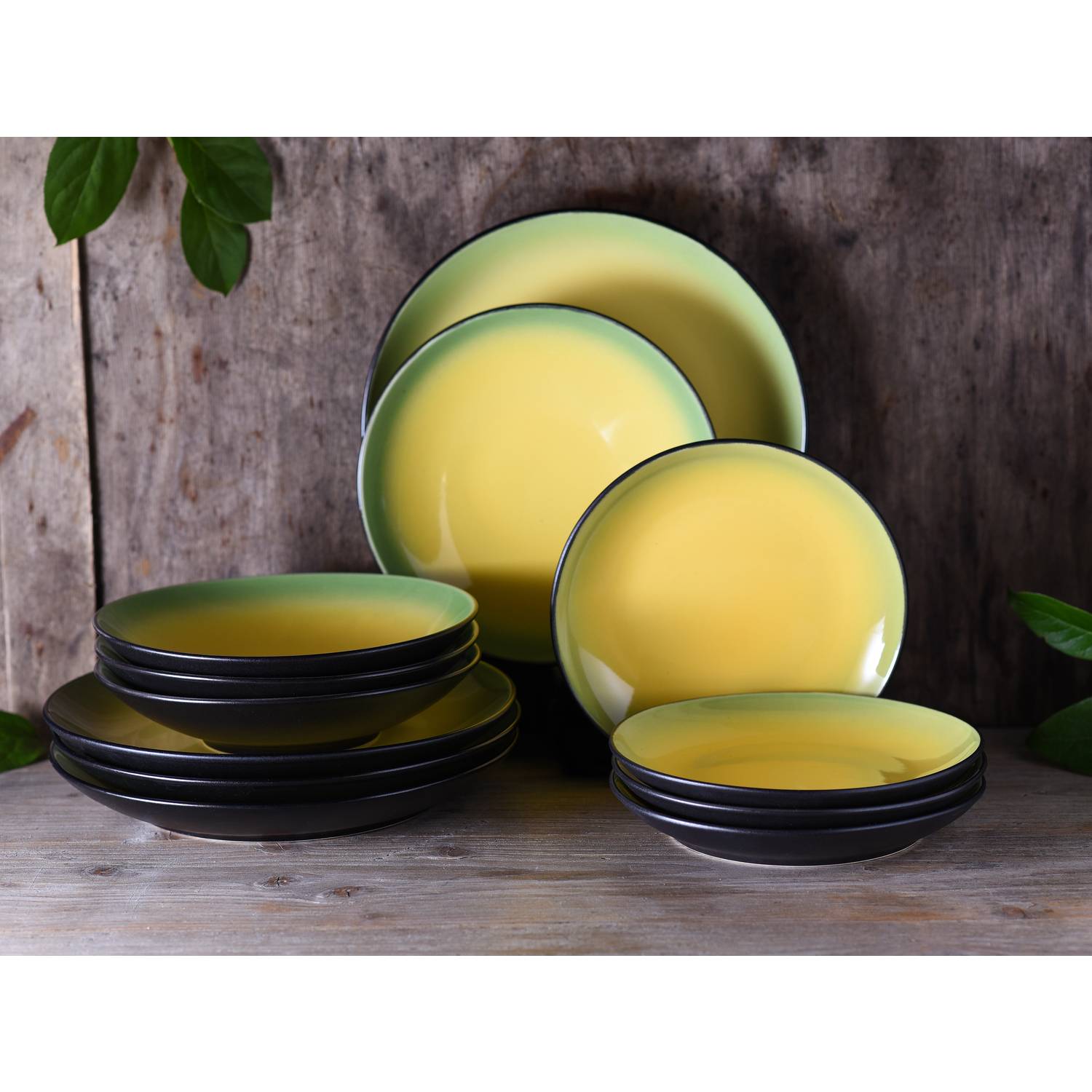 CreaTable 20229 Tafelservice Hot Green für 4 Personen, Steinzeug, grün/gelb (1 Set, 12-teilig)