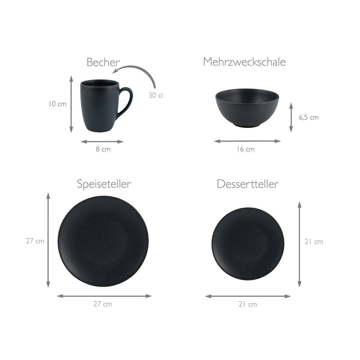 CreaTable 23145 Kombiservice Soft Touch Black für 4 Personen, Steinzeug, schwarz (1 Set, 16-teilig)