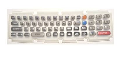 Eine kompakte graue Tastaturanordnung mit beschrifteten Tasten, einschließlich einer roten 