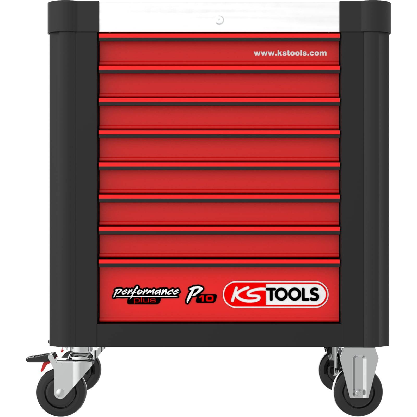 Roter Werkzeugwagen auf Rollen mit sechs Schubladen, markiert mit 'KS Tools' und 'performance plus P10'.
