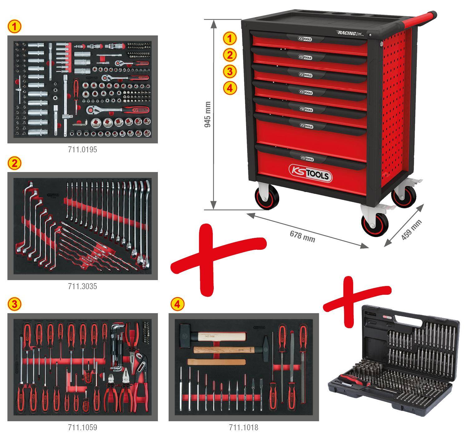 KS TOOLS RACINGline SCHWARZ/ROT Werkstattwagen mit 7 Schubladen und