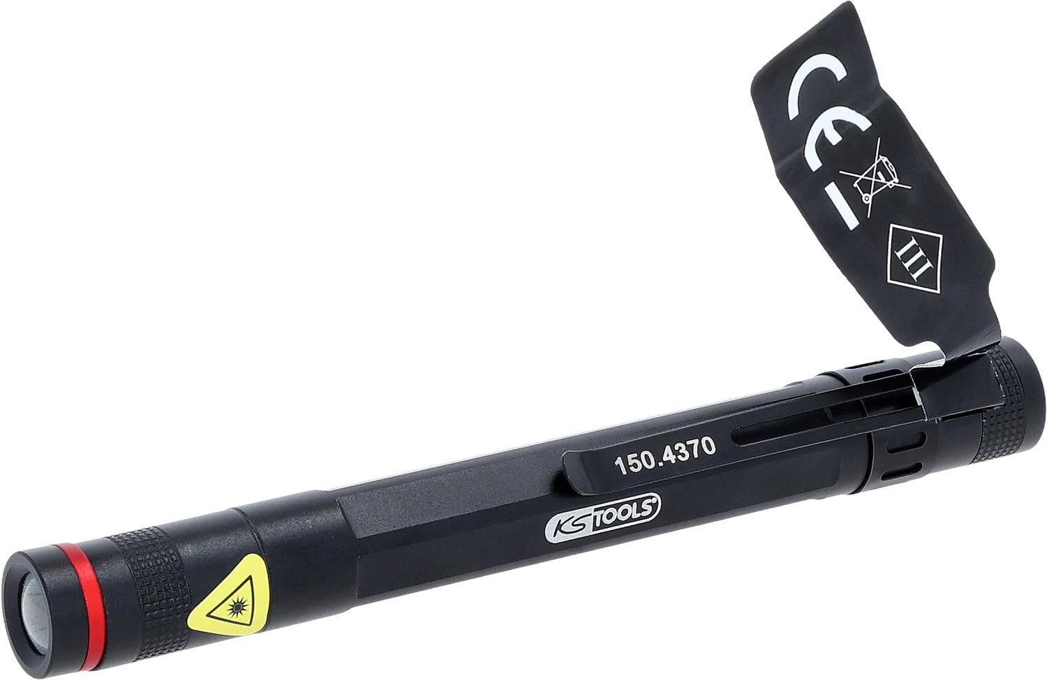 Ein schwarzer Spannungsprüfer mit Gürtelklip, auf dem die Bezeichnungen '150.4370' und 'KS Tools' angezeigt werden. Der Prüfer hat ein Warnsymbol für Elektrizität.