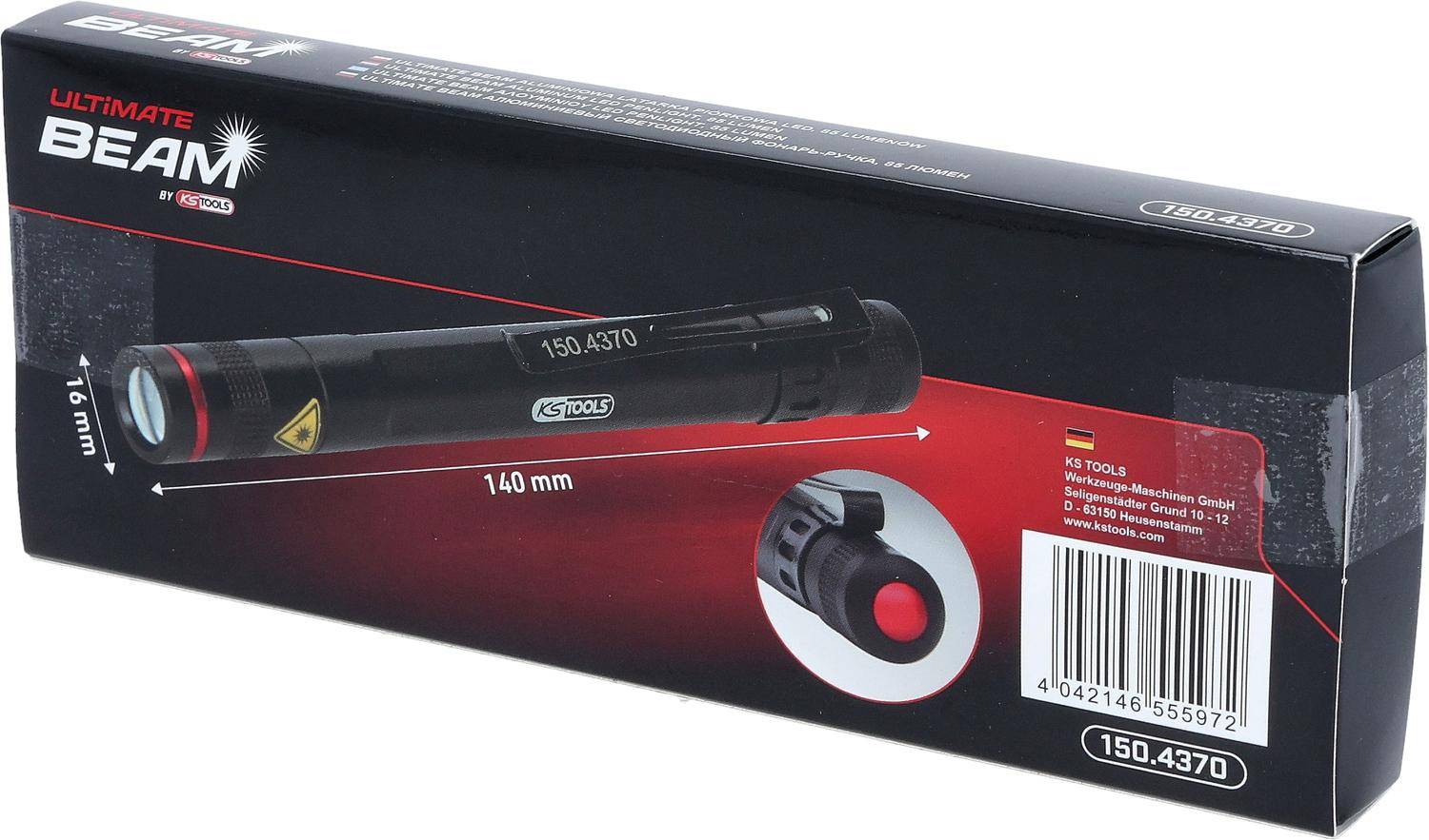 Eine Box mit einer schwarz-roten Taschenlampe dargestellt, mit der Bezeichnung „150.4370.