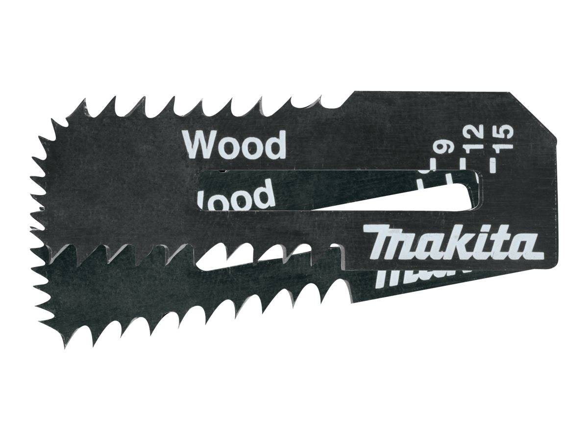 Schwarzes Makita-Holzsägeblatt mit Zahnaussparung und Größenmarkierungen 9, 12, 15 auf weißem Hintergrund
