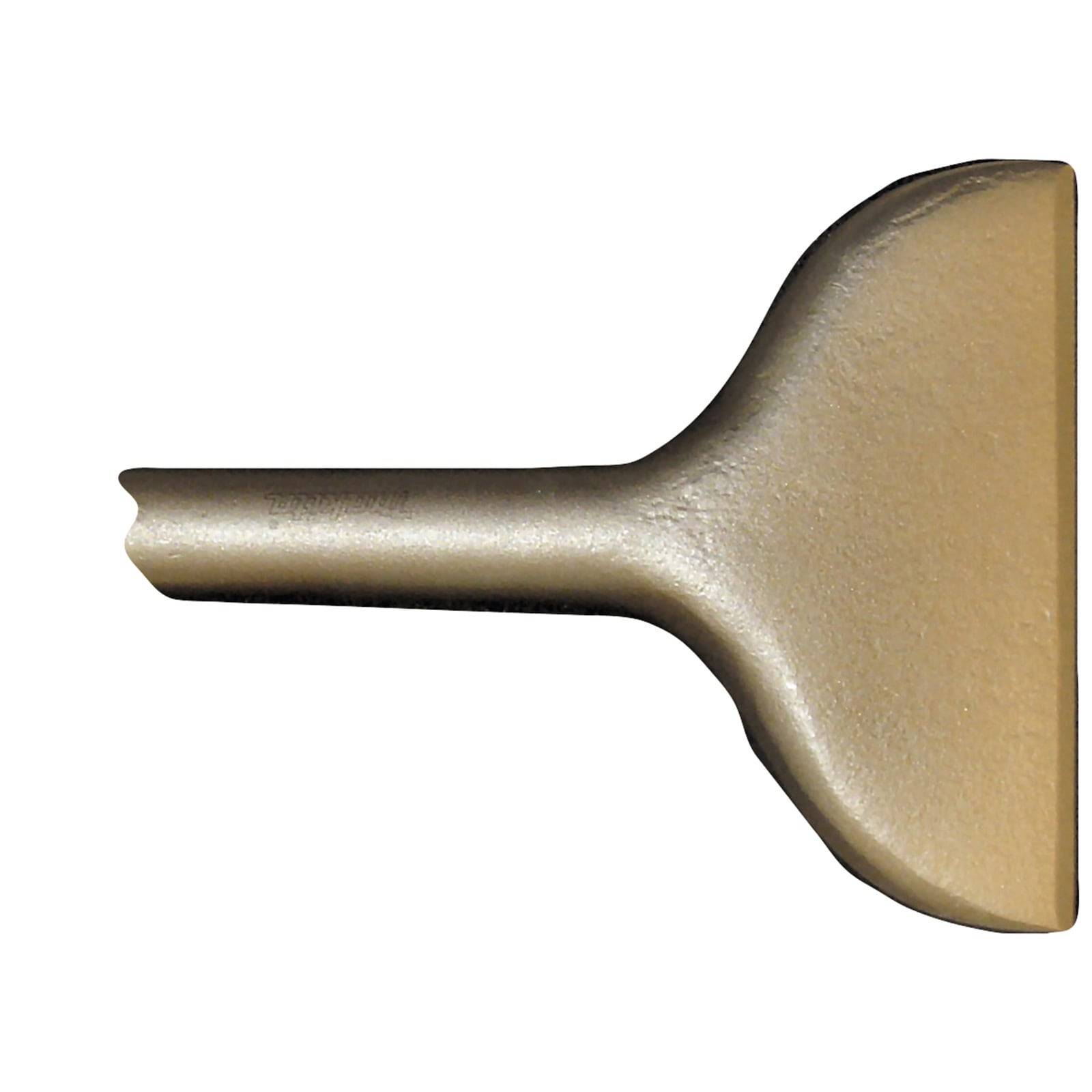 Ein goldenes Metallobjekt, das einem T-Abschnitt-Werkzeug ähnelt, mit einem geraden Griff und einem breiten, flachen Kopf, von der Seite betrachtet.