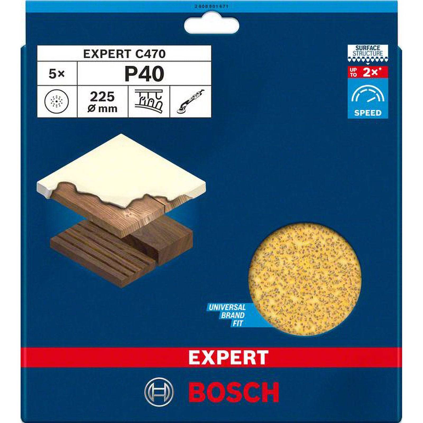 Schleifpapier-Pack von Bosch Expert C470, Körnung P40, Durchmesser 225 mm, geeignet für Holz, zeigt Oberflächenstruktur und universelle Markentauglichkeit.