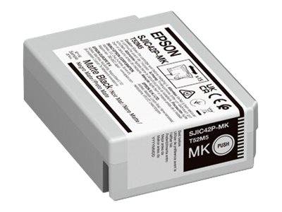 Epson schwarze Tintenpatrone, Modell SJIC42P-MK, gezeigt in einer weißen Kunststoffverpackung mit einem „PUSH