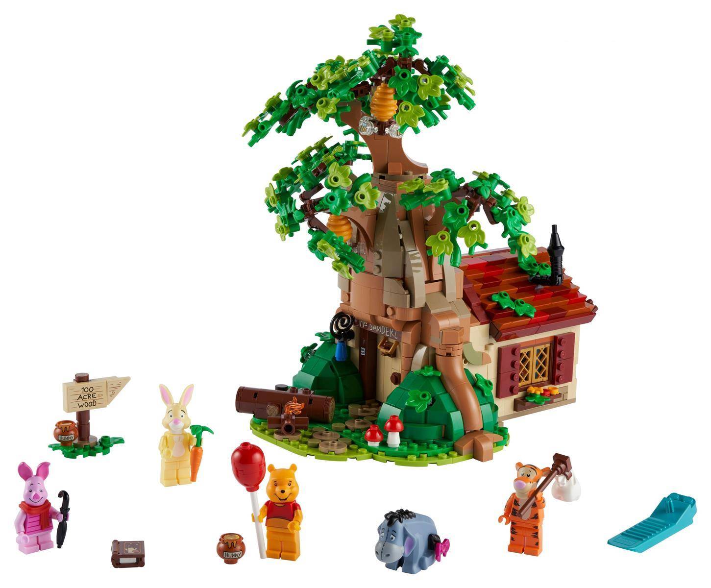 LEGO Winnie the Pooh Baumhaus-Spielset mit Poohs Haus, Baum, Zubehör und Minifiguren von Winnie Puuh, Ferkel, Tigger, Hase, I-Äh und Christopher Robin.