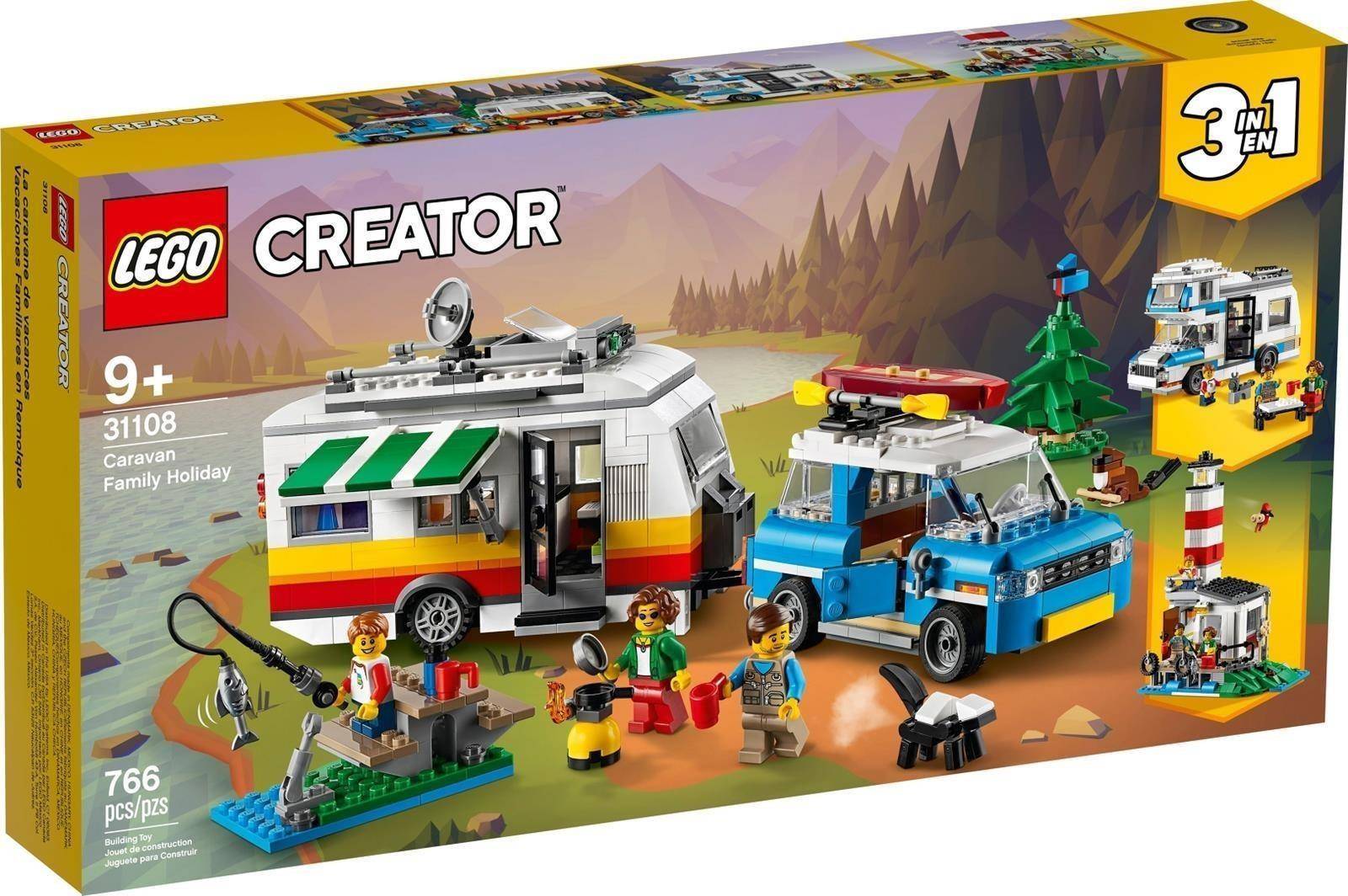 LEGO Creator 3-in-1 Wohnwagen Familienurlaub Set-Box, zeigt einen Wohnwagen, ein blaues Auto, Campingplatz-Figuren und alternative Baubilder; ab 9 Jahren, 766 Teile.