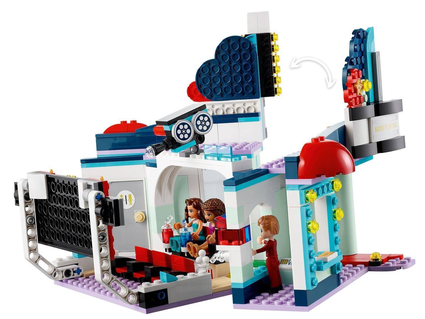 LEGO-Spielset im LEGO-Stil einer futuristischen Arztpraxis mit Untersuchungszimmer, Eingangsbereich, Minifiguren und einem drehbaren Schild auf der rechten Seite.