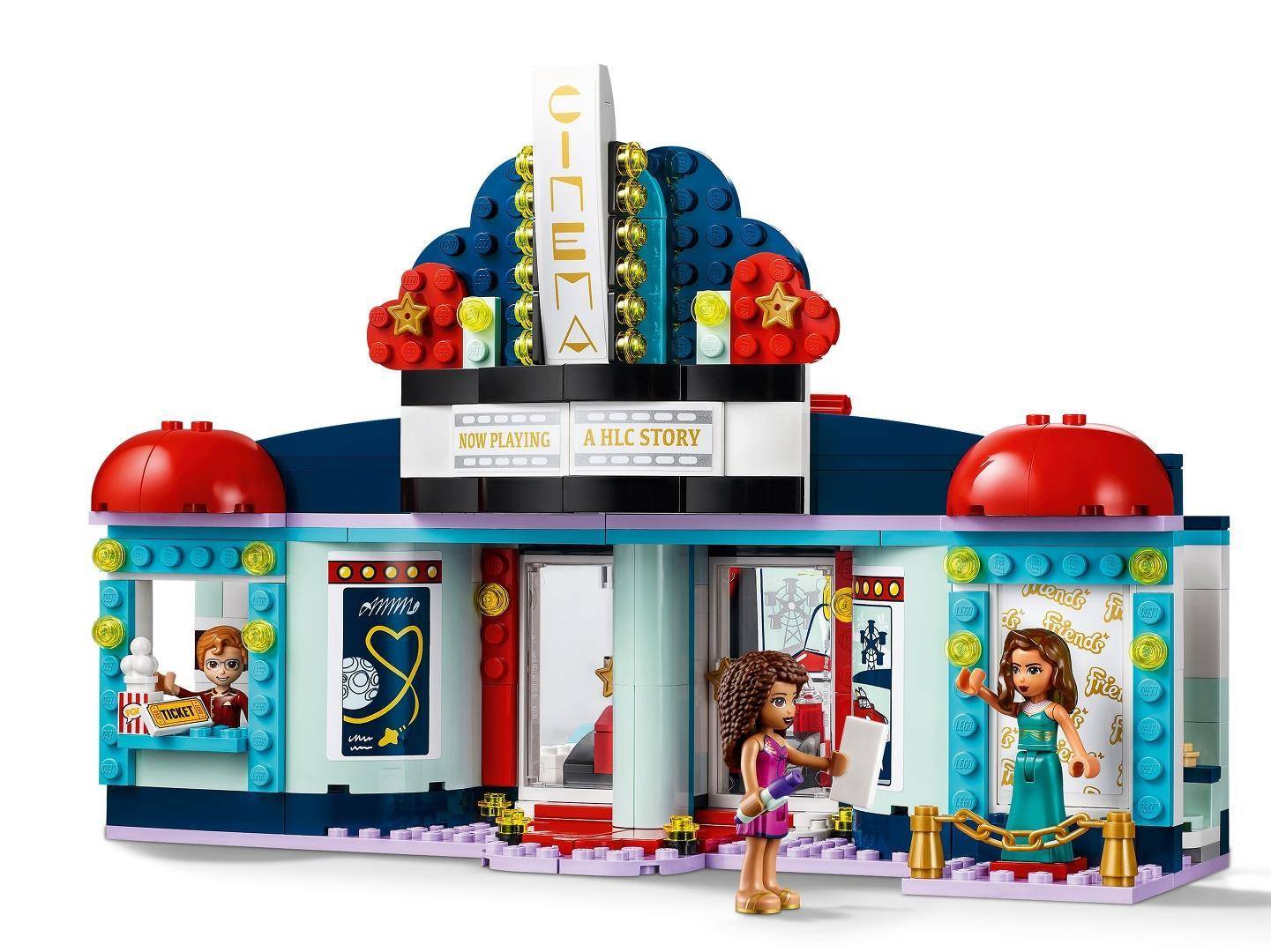 LEGO-Kino-Spielset im LEGO-Stil mit Leuchtreklame, Ticketschalter und Minifiguren draußen und drinnen, einschließlich eines Plakats mit der Aufschrift „A HILC STORY