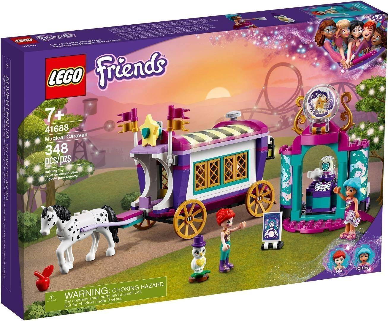 LEGO Friends Magisches Wohnwagen-Spielset mit Karton, das einen pferdegeogenen Wohnwagen, kleine Figuren und eine Wahrsagerbude zeigt; ab 7 Jahren, 348 Teile.