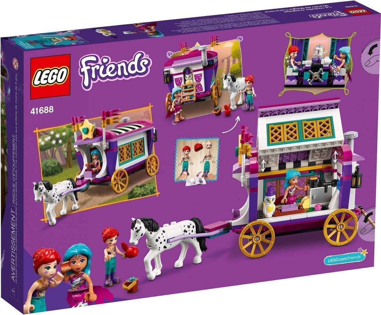 LEGO Friends Set-Box mit einem violetten pferdegestützten Wohnwagen-Spielzeug mit zwei Minipuppen und einem schwarz-weißen Pferd.