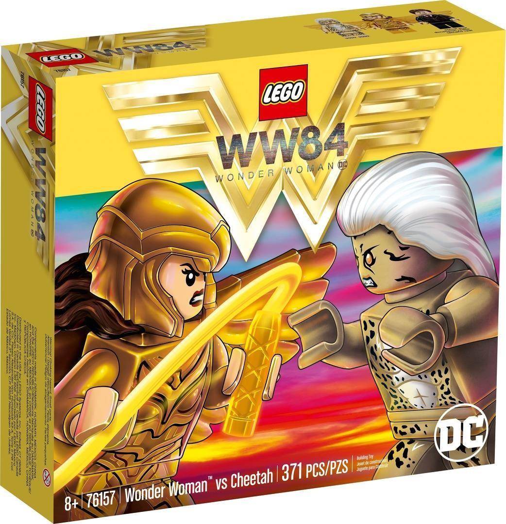 LEGO Wonder Woman 1984 Schachtelvorderseite zeigt Wonder Woman gegenüber von Cheetah, mit '76157 Wonder Woman vs Cheetah' und DC-Logo.