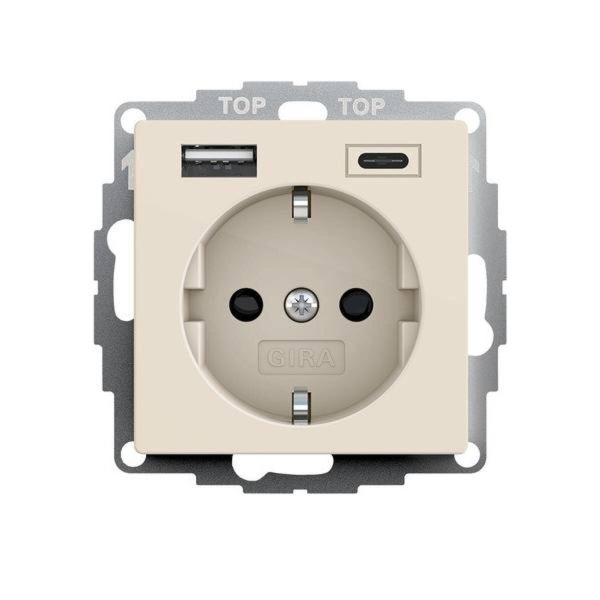 Beige Wandsteckdose mit USB-A und USB-C Ladeanschlüssen auf einer Montageplatte.