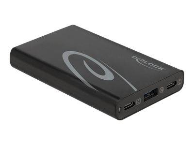 Schwarzes tragbares externes Speicherlaufwerk oder eine Powerbank mit P-Clock-Logo und mehreren Anschlüssen an der Seite auf weißem Hintergrund